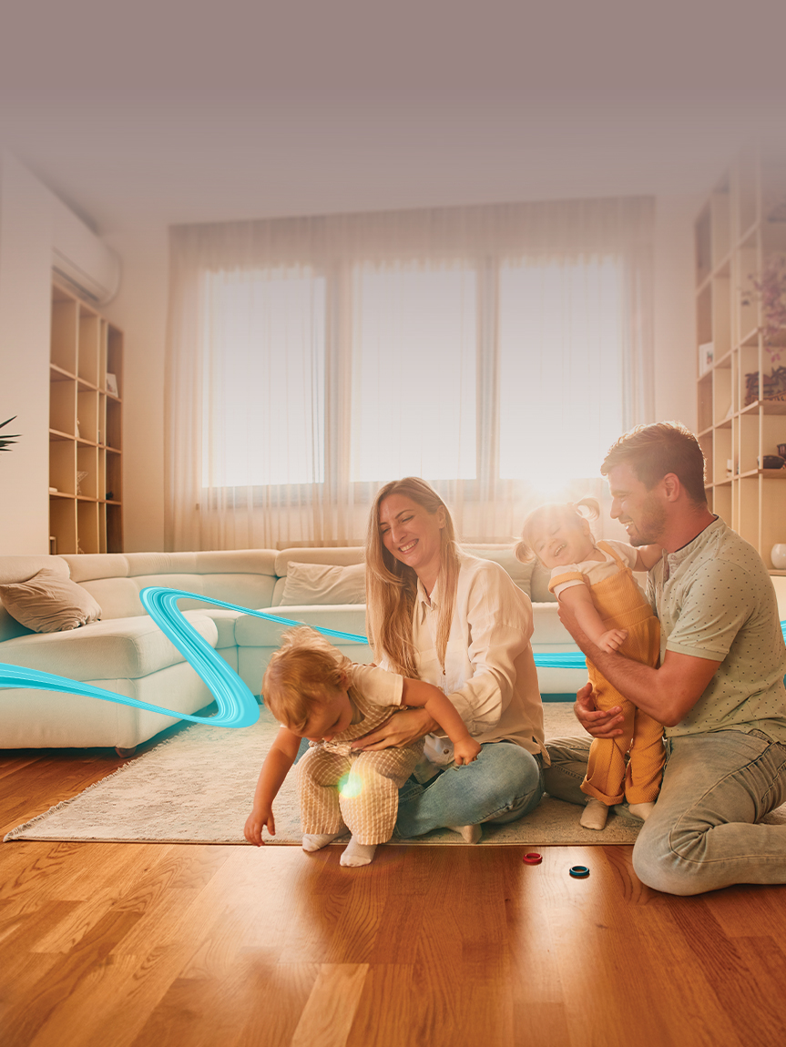 Woman sitting on hardwood flooring